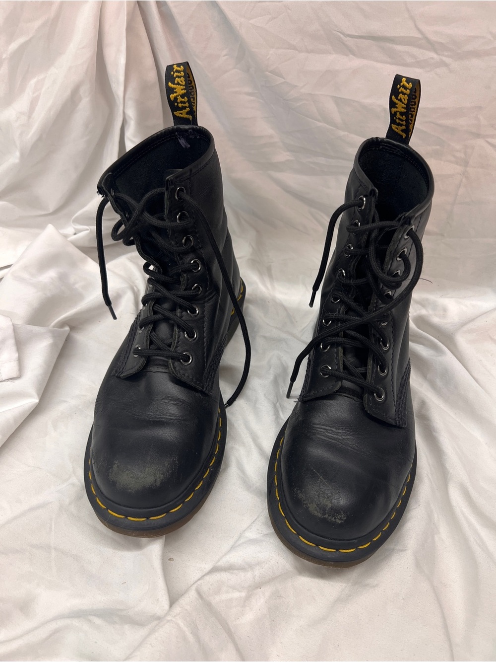 Dr. Martens Black Leather Lace-Up Boots with Yellow Stitching